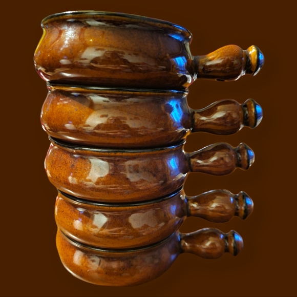 5 Vtg Oven Proof Stoneware Handled Crock Pot Bowl Ceramic Pottery Reddish Brown - Picture 1 of 5